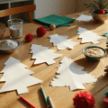 A warm, golden hour overhead shot of a rustic oak craft table, featuring scattered Christmas tree paper templates, colorful child-safe scissors, glass bowls of glitter, vibrant construction paper, craft pom-poms, silk ribbons, and dried pine cones, evoking a cozy holiday crafting atmosphere.