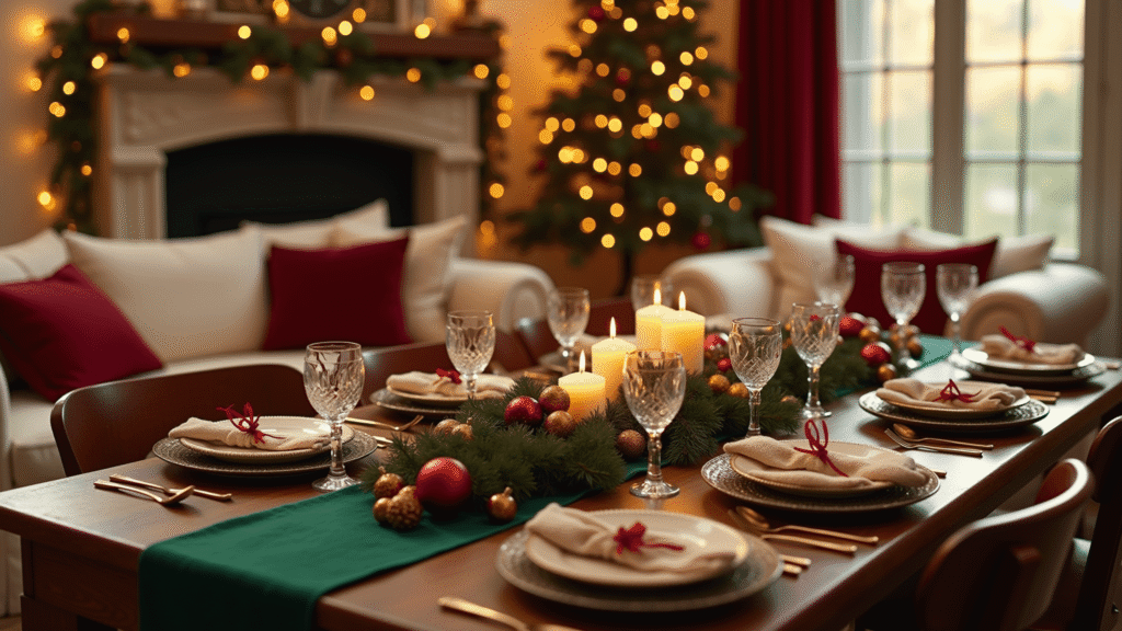 Magical Christmas Party Decor: Your Ultimate Guide to Creating a Festive Wonderland Cinematic wide-angle shot of an elegant Christmas living room, featuring cream sofas with burgundy pillows, a stone fireplace adorned with warm string lights, a mahogany dining table with an emerald runner, and gold charger plates, surrounded by cozy knitted throws, metallic ornaments, and fresh pine garlands, creating a warm, inviting festive atmosphere.