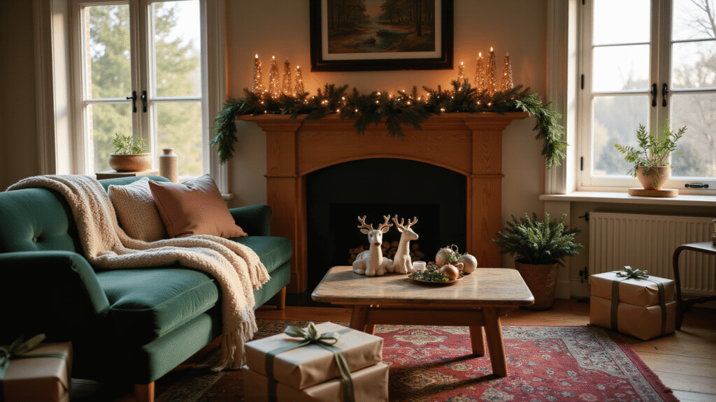Christmas House Decor 2025: A Blend of Nostalgia and Modern Simplicity A cozy modern Christmas living room featuring a deep forest green velvet sofa with cream cable-knit throws and blush faux fur pillows, an oak wood mantel adorned with pine garland and vintage brass decor, a rich burgundy Persian rug, twinkling fairy lights, and wrapped gifts, all bathed in warm golden hour sunlight.