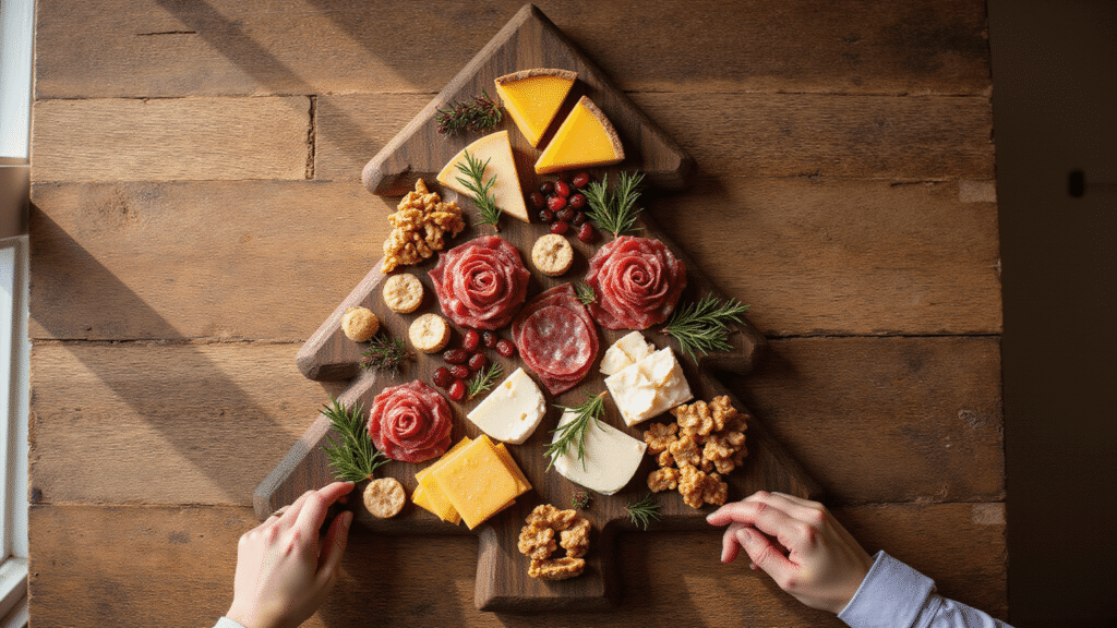 The Ultimate Christmas Tree Charcuterie Board: A Festive Feast for the Eyes and Palate Overhead view of a Christmas tree-shaped charcuterie board featuring cheeses, meats, and herbs on a rustic wooden surface, bathed in warm golden hour light, with hands adding final touches for a cozy holiday ambiance.