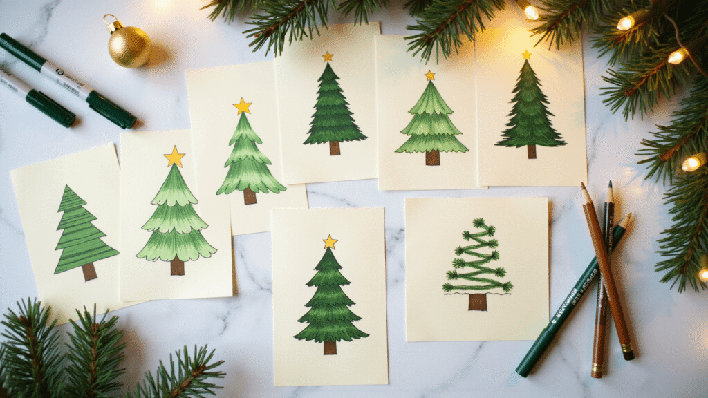 6 Incredibly Easy Christmas Tree Drawing Techniques for Everyone Cinematic overhead shot of a marble surface with six Christmas tree drawing styles on cream paper, surrounded by green markers, gold gel pens, and brown colored pencils, accented by pine sprigs and a gold star ornament, illuminated by warm golden hour lighting and soft bokeh lights.