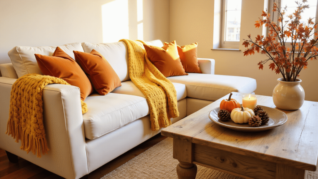 Simple Fall Decor: Transform Your Living Room with Cozy Autumn Vibes Cozy autumn living room with warm golden hour light, featuring cream sectional sofa with burnt orange pillows, chunky mustard throw, reclaimed wood coffee table styled with pinecones and mini pumpkins, dried maple branches in a tall vase, flickering candles, and a jute rug on hardwood floors.