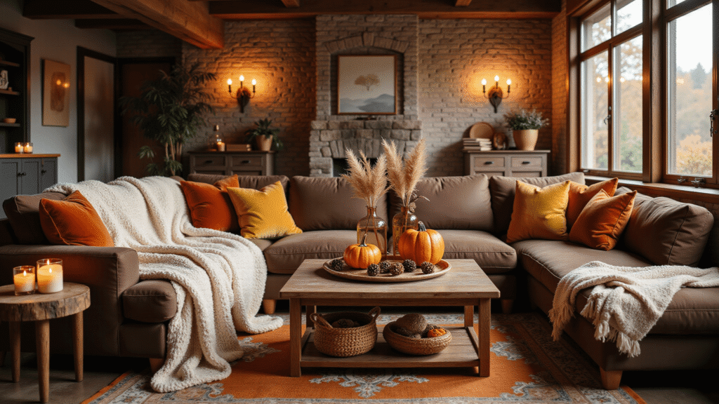 Cozy Fall Home Decor: Transform Your Space with Warmth and Comfort Cozy autumn living room with chunky knit blankets, velvet pillows, mini pumpkins, pinecones on a reclaimed wood coffee table, warm sunlight, and decorative elements creating a warm, inviting atmosphere.