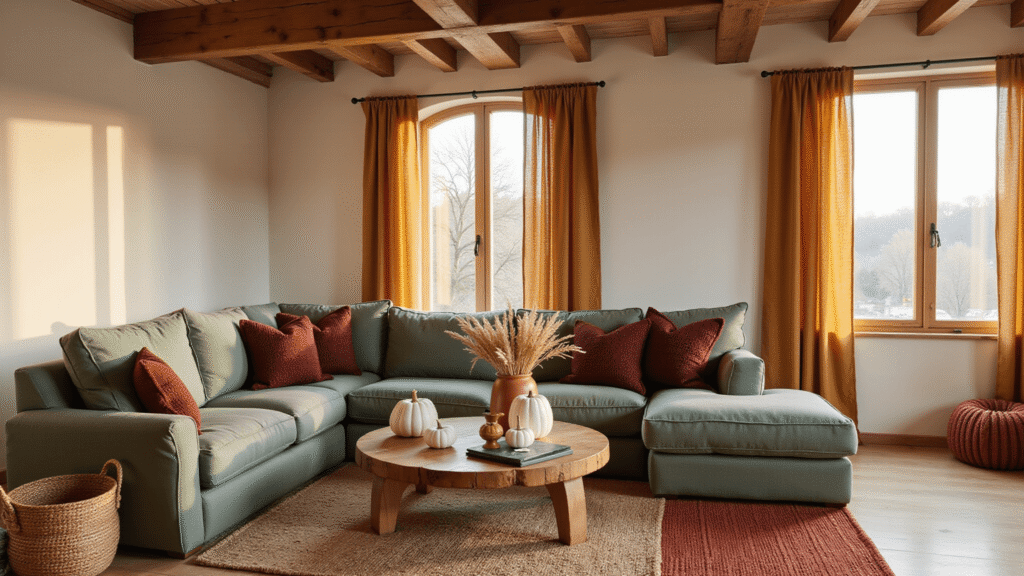 Fall Indoor Decorating Ideas: Transform Your Home with Warmth and Coziness Photorealistic cozy autumn living room featuring a sage green sectional sofa with burgundy pillows, rustic oak coffee table, white ceramic pumpkins, and dried wheat in a terracotta vase, bathed in warm golden hour light.