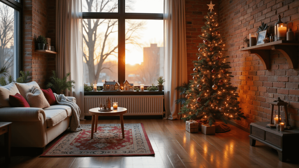 Magical Christmas Decor for Small Apartments: Transform Your Tiny Space into a Festive Wonderland A cozy studio apartment decorated for Christmas, featuring a slim pencil tree with rose gold and burgundy ornaments, glowing fairy lights, a cream sofa with festive pillows, and a Persian rug, all bathed in warm golden sunlight.