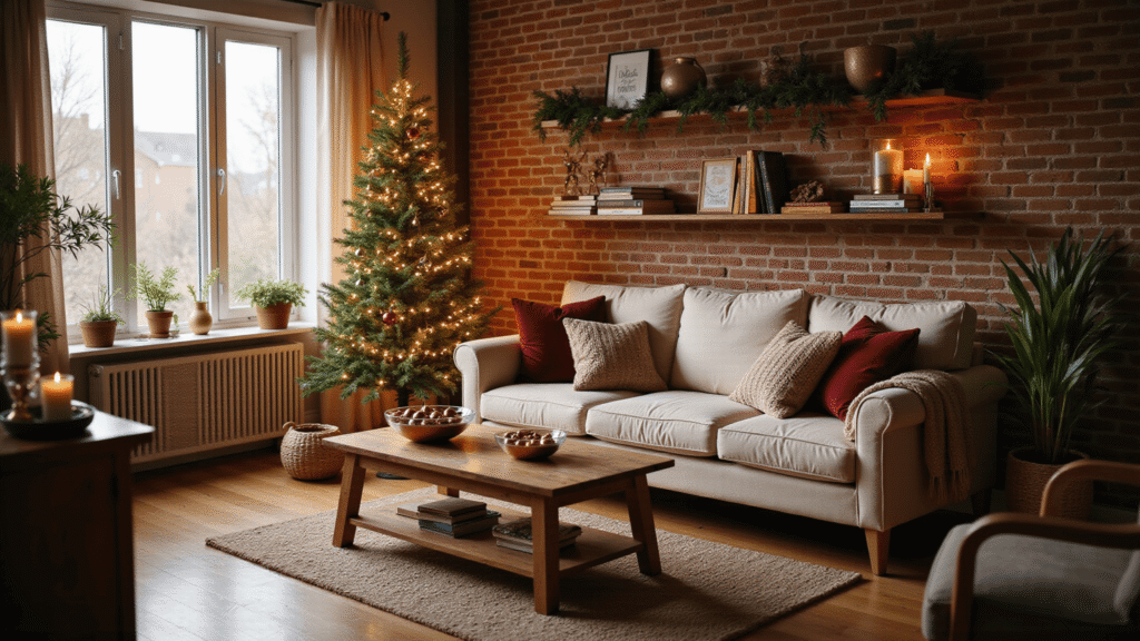 Transforming Your Apartment into a Cozy Christmas Haven: Festive Decor for Small Spaces Cozy Christmas apartment living room with slim tree adorned with fairy lights, warm textures on hardwood floors, and festive decor.