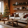 Cozy Christmas apartment living room with slim tree adorned with fairy lights, warm textures on hardwood floors, and festive decor.