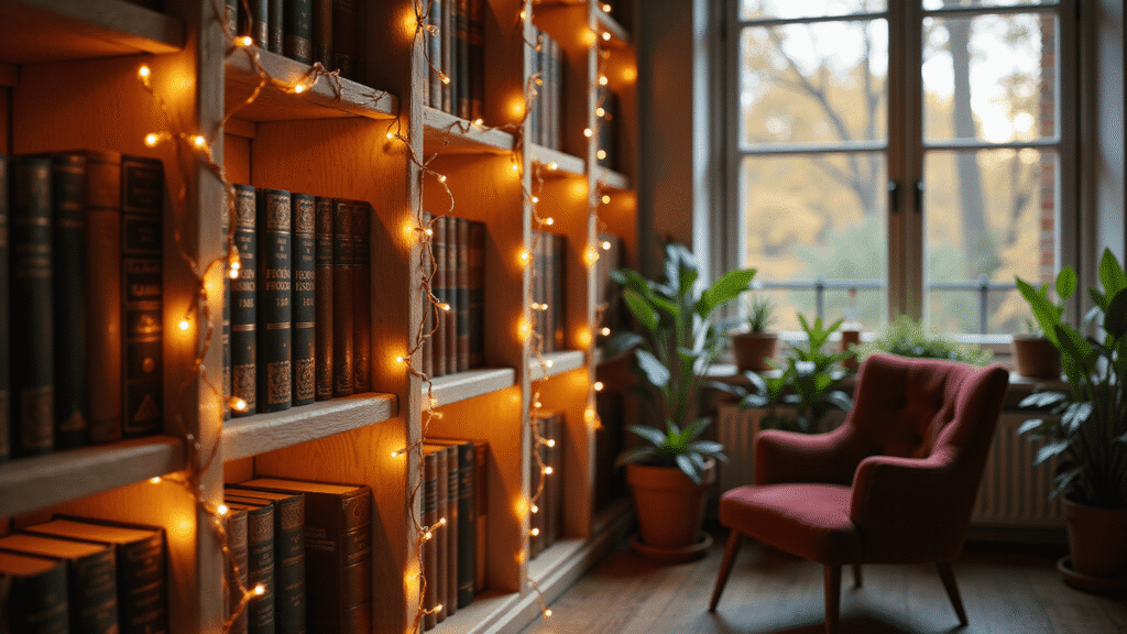 Enchanting Fairy Lights on Bookshelves: Transform Your Space with Magical Illumination Cinematic close-up of white oak bookshelves with warm amber fairy lights, leather-bound books, golden hour sunlight, and a cozy reading nook featuring a burgundy velvet chair and terracotta succulent pots, creating an inviting atmosphere with soft bokeh and rich colors.