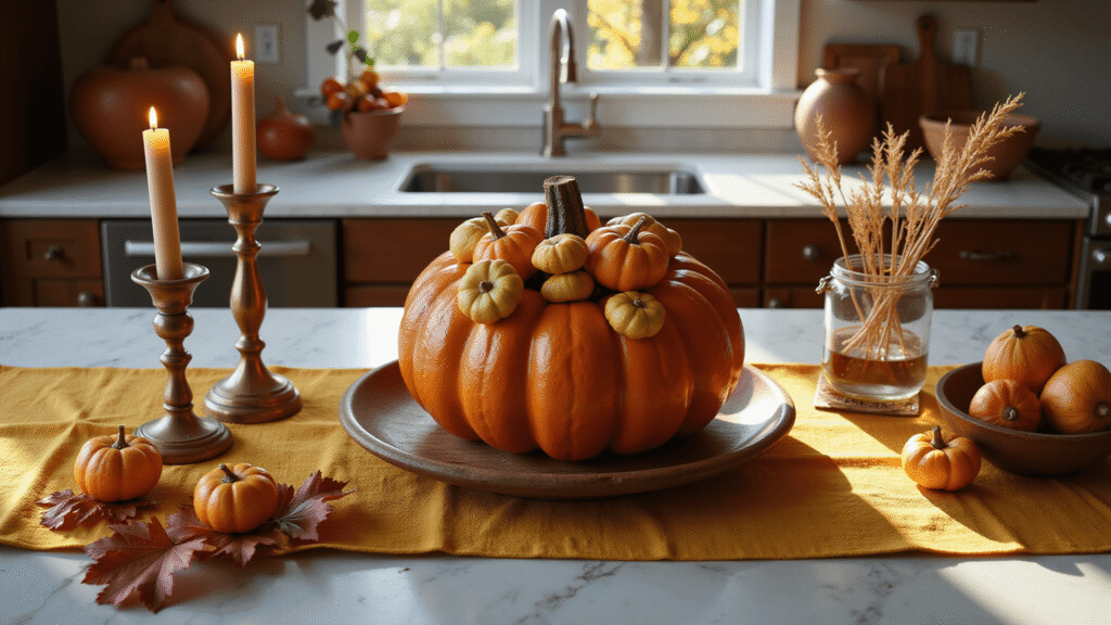 Cozy Fall Kitchen Counter Decor: Transform Your Space with Autumnal Warmth Cinematic overhead shot of a cozy fall kitchen counter featuring a burnt orange ceramic pumpkin, wooden bowls with golden pears and mini gourds, copper candle holders, and warm autumn decor on a marble surface.