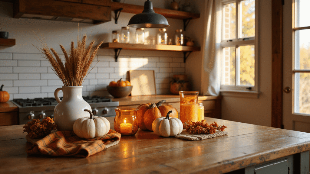 Cozy Fall Kitchen Decor: Transform Your Space with Autumn Warmth Warm farmhouse kitchen counter with mini pumpkins and dried wheat, illuminated by golden hour light, featuring rustic decor elements and inviting autumn atmosphere.