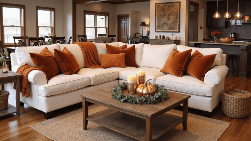 Cozy Fall Decor: Transform Your Home with Autumn's Warmest Touches A cozy fall living room featuring a cream linen sectional sofa with burnt orange velvet pillows, chunky amber throws, and a rustic coffee table adorned with copper pumpkins, candles, and dried eucalyptus, all bathed in warm golden hour light.