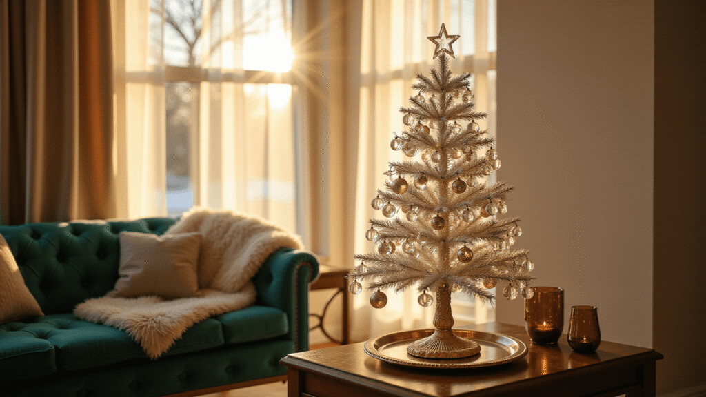 Sparkling Elegance: How to Create the Perfect Crystal Christmas Tree Cinematic wide-angle shot of an elegant LED crystal Christmas tree centerpiece on a dark walnut console, illuminated by golden hour sunlight, surrounded by vintage glass ornaments and mercury glass votives, with rich textures including a deep emerald velvet sofa and soft bokeh lighting creating a warm holiday ambiance.