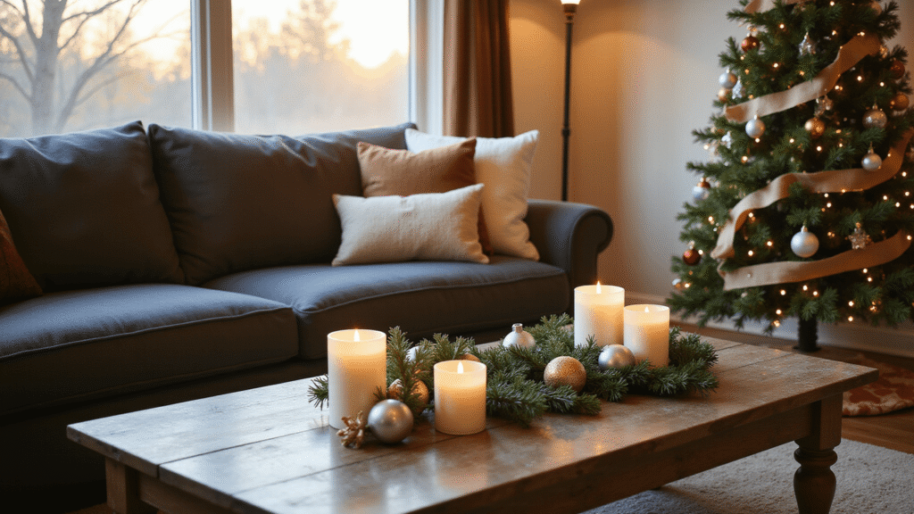 Dollar Tree Christmas Decor: Budget-Friendly Holiday Magic for Every Home Cinematic wide shot of a cozy living room during golden hour, featuring a Dollar Tree Christmas tree with metallic ornaments, DIY garland, pillar candles, and frosted glass baubles on a wooden coffee table, showcasing a budget-friendly holiday atmosphere with warm lighting and rich textures.
