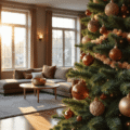 Cinematic wide shot of an elegant living room featuring a luxurious Christmas tree with chocolate brown velvet ornaments, wooden pendants, and glass pinecones, complemented by a plush taupe sofa, brass coffee table, and glowing fireplace.
