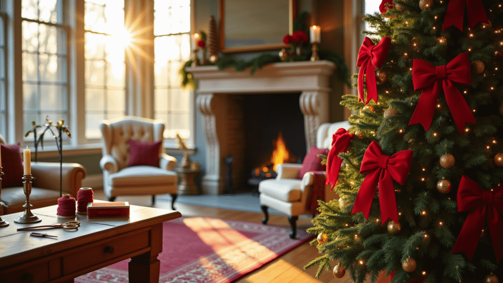 Red Bow Christmas Tree: The Ultimate Festive Styling Guide Elegant 7-foot Fraser fir Christmas tree adorned with crimson velvet bows, warm sunlight highlighting a cozy family room with limestone fireplace, cream leather armchairs, and deep burgundy Persian rug, featuring handcrafted bow-making workspace and vintage decor.