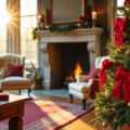 Elegant 7-foot Fraser fir Christmas tree adorned with crimson velvet bows, warm sunlight highlighting a cozy family room with limestone fireplace, cream leather armchairs, and deep burgundy Persian rug, featuring handcrafted bow-making workspace and vintage decor.