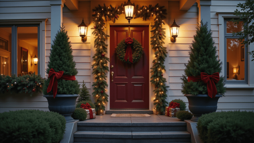 Magical Christmas Door Decor: Your Ultimate Guide to a Festive Entryway Elegant Victorian front door adorned with a rich burgundy color, luxurious pine garland, and an evergreen wreath with velvet ribbon, illuminated by atmospheric fairy lights, creating a warm and inviting holiday atmosphere.