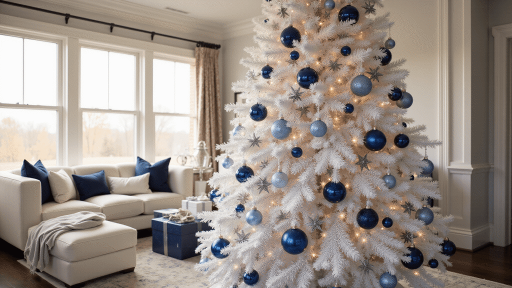 Blue and Silver Christmas Tree: A Winter Wonderland Elegance Cinematic shot of a luxurious living room featuring a 9-foot white flocked Christmas tree adorned with navy spheres, ice blue snowflakes, and silver stars, illuminated by golden hour lighting, with plush furniture and rich textures.