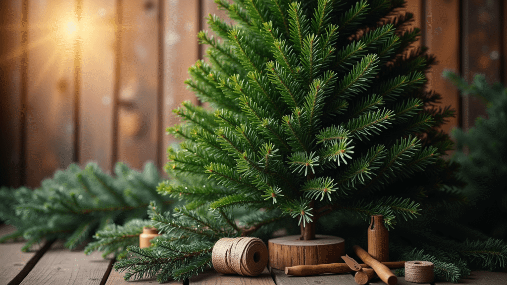 Finding Your Perfect Christmas Tree: A Guide to Christmas Tree Farms A pristine Fraser Fir Christmas tree with dense emerald branches stands against a weathered barn wood backdrop, illuminated by golden hour sunlight creating bokeh effects, surrounded by rustic wooden tools, twine, and frost-kissed pine boughs.