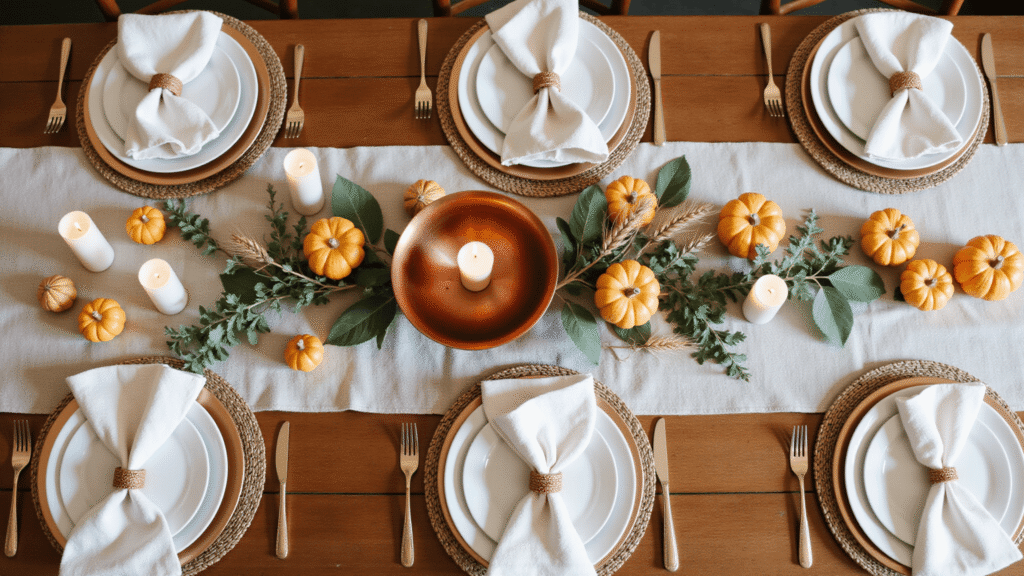 Friendsgiving Tablescape: Your Ultimate Styling Guide Elegant Friendsgiving tablescape with layered linen runner, copper and gold chargers, white dinner plates, mini pumpkins, flickering candles, and eucalyptus accents in warm golden hour lighting.