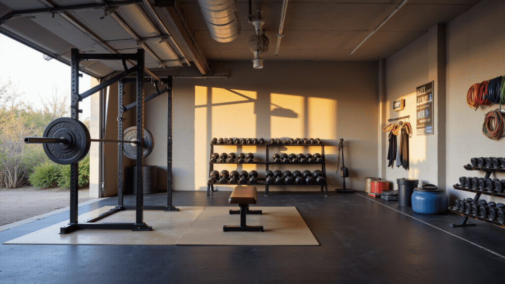 Transform Your Garage into a Killer Home Gym: The Ultimate Guide A transformed garage gym featuring a black power rack, organized weights, adjustable dumbbells, and motivational wall art, illuminated by warm natural light and LED track lighting, all on a textured concrete floor with rubber mats.