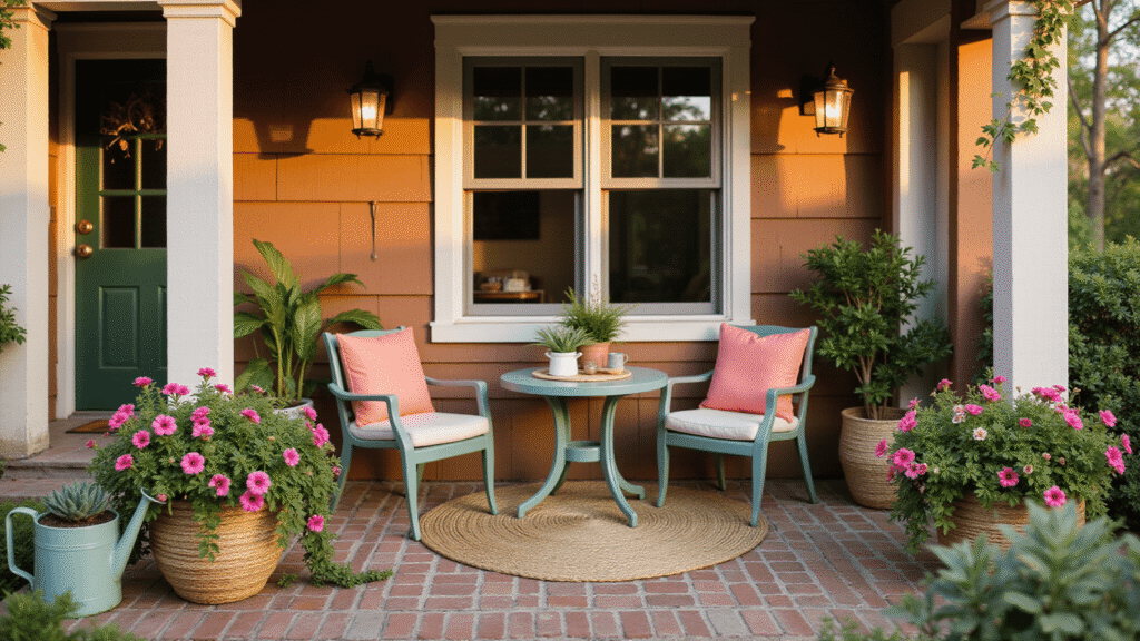 Transform Your Small Front Porch into a Summer Sanctuary: A Comprehensive Guide Cinematic front porch scene featuring a cozy sage green bistro set, vibrant pink petunias in ceramic planters, a jute rug, and warm ambient lighting from hanging lanterns, all bathed in golden hour sunlight.