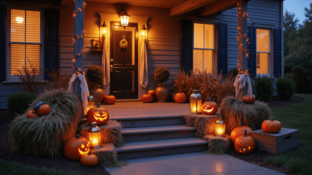 Spooktacular Halloween Front Porch Decor: Your Ultimate Styling Guide Cinematic Halloween front porch decor featuring carved pumpkins, hay bales, vintage lanterns, and warm string lights, set against a colonial-style home backdrop during golden hour.