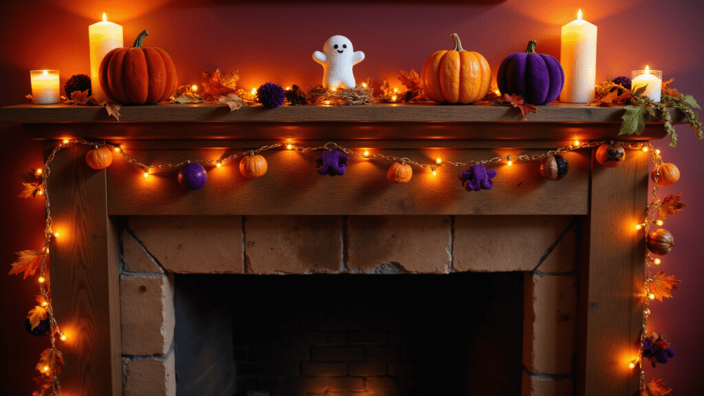 Illuminate Your Halloween: The Ultimate Guide to Halloween Garlands with Lights Cinematic shot of a Halloween garland with orange and purple LED lights, pumpkins, bats, and ghosts draped over a rustic wooden mantel, surrounded by flickering candles and autumn leaves, against rich burgundy walls in warm golden hour lighting.