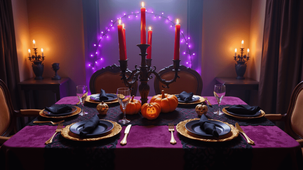 Spooky Sophistication: How to Create the Ultimate Halloween Party Table Setup Elegant Halloween dining room with deep purple velvet tablecloth, black lace overlay, gothic candelabras, pumpkins, candlelight shadows, and atmospheric fog.