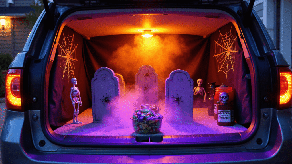 Top Trunk or Treat Ideas for 2025: Unleash Your Halloween Creativity Cinematic wide-angle view of a Halloween trunk-or-treat scene featuring a meticulously decorated car trunk with tombstones, fog machine effects, orange and purple LED lighting, spider webs, skeletons, and a candy station, all set against a black backdrop for a spooky yet inviting atmosphere.