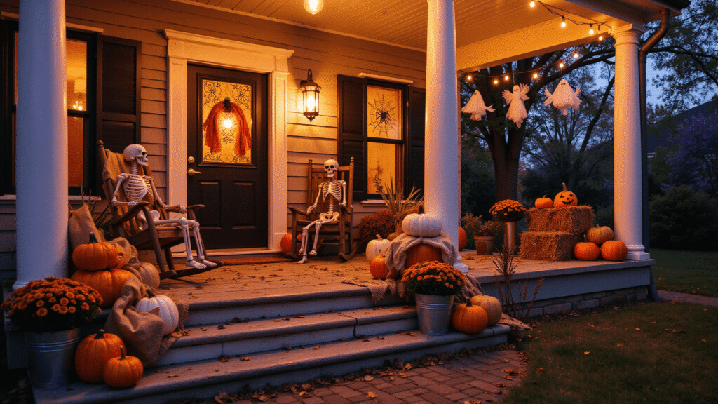 Spooktacular Halloween Front Porch Decor: Transform Your Entrance into a Festive Fright Fest Cinematic wide-angle view of a Victorian porch decorated for Halloween with stacked pumpkins, flickering jack-o'-lanterns, a skeleton in a rocking chair, spider webs, and atmospheric lighting, all reflecting a warm amber glow at golden hour.