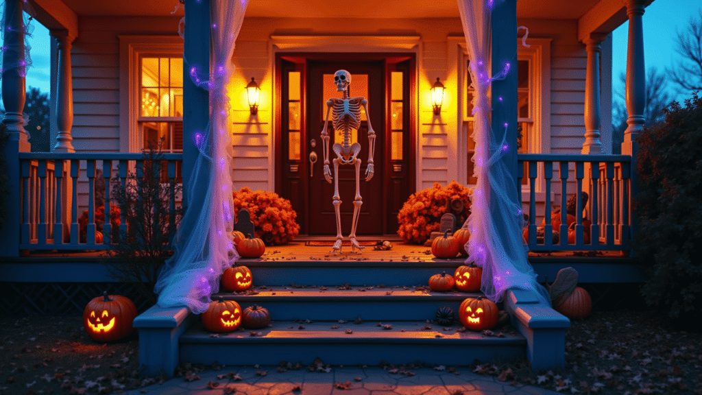 Spine-Chilling Front Porch Halloween Decorations: Transform Your Entrance into a Haunting Masterpiece Cinematic twilight shot of a haunted Victorian porch decorated for Halloween, featuring a posable skeleton, glowing jack-o'-lanterns, pumpkins, cheesecloth webbing, tombstones, purple LED lights, and eerie shadows, creating a spine-chilling yet inviting atmosphere.