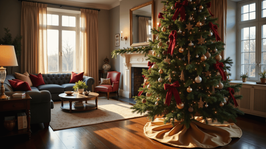 How to Decorate a Christmas Tree Like a Pro: A Step-by-Step Designer Guide Cinematic wide-angle view of a luxurious living room adorned with a beautifully decorated 9-foot Fraser fir Christmas tree, featuring metallic ornaments, burgundy ribbon, warm LED lights, and a crystal tree topper, complemented by rich mahogany floors, a crackling fireplace, and a sophisticated holiday color palette.