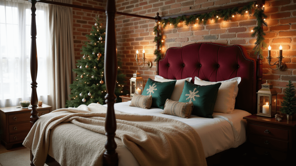 Magical Bedroom Christmas Decor: Transform Your Space into a Festive Sanctuary Enchanting Christmas bedroom sanctuary with burgundy velvet bedding, fairy lights, and pine garland, showcasing a cozy and festive atmosphere.