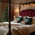 Enchanting Christmas bedroom sanctuary with burgundy velvet bedding, fairy lights, and pine garland, showcasing a cozy and festive atmosphere.