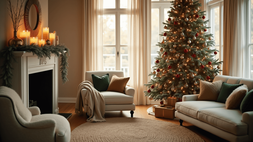 Magical Living Room Christmas Decor: Transform Your Space into a Festive Haven Cinematic wide-angle shot of an elegant Christmas living room featuring a Fraser fir decorated with burgundy, gold, and cream ornaments, a plush cream sectional, a styled white fireplace with frosted pine garland and flickering candles, and warm lighting creating a cozy holiday atmosphere.