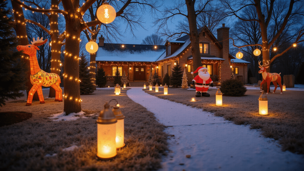 Magical Outdoor Christmas Decor: Transform Your Yard into a Holiday Wonderland Enchanting outdoor Christmas display at golden hour, featuring warm LED lights on frosted trees, illuminated Santa and reindeer, vintage lanterns, rustic holiday signs, handmade ornaments, and a snow-covered lawn with an inviting pathway of luminarias.