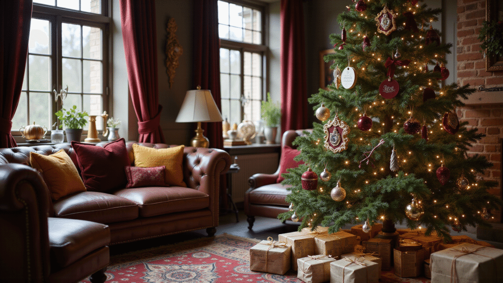 Magical Harry Potter Christmas Tree: Transform Your Holiday Decor into a Wizarding Wonderland A magical Harry Potter-themed Christmas tree in a cozy living room, featuring Hogwarts ornaments, including a Hedwig topper, Gryffindor house crests, and potion bottles, with plush decor and warm lighting creating an enchanting atmosphere.