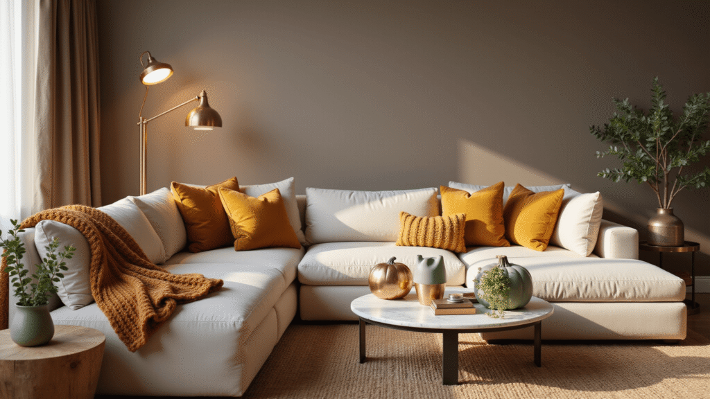Modern Fall Decor: Elevate Your Home with Chic Autumn Vibes A modern living room in golden hour light featuring a beige sectional sofa with mustard pillows, a chunky cognac knit throw, and a minimalist coffee table adorned with marble and metallic copper pumpkins. The space includes a jute rug, a sculptural brass floor lamp, taupe walls, and rich autumn-toned velvet pillows, all styled with eucalyptus sprigs and abstract botanical elements for an inviting ambiance.