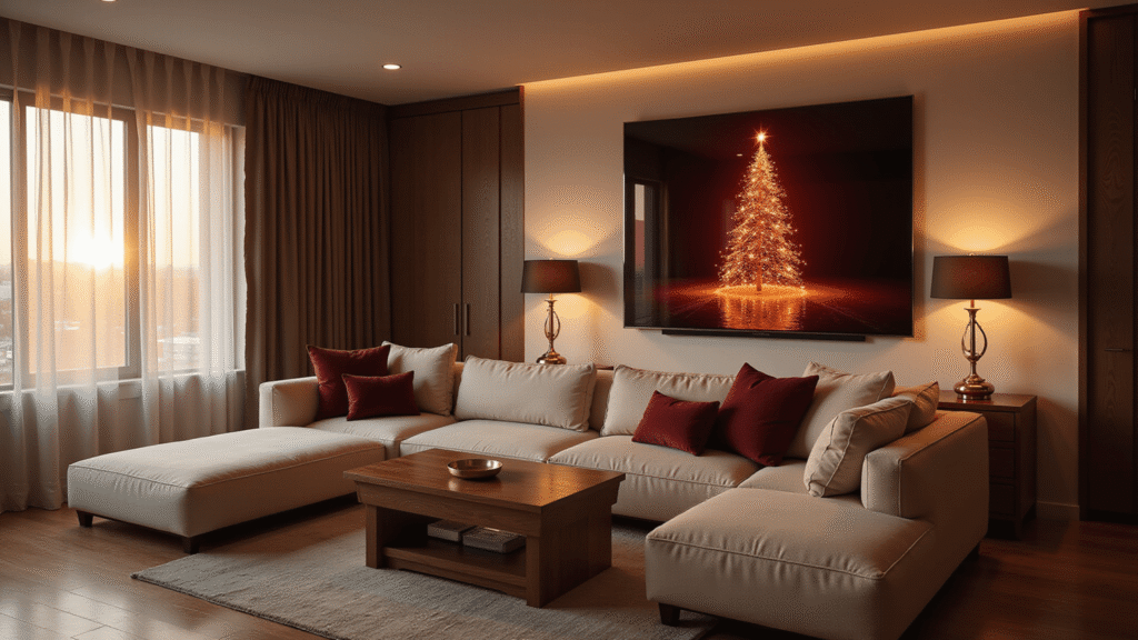 Christmas Tree PNG Graphics: The Ultimate Creative Resource Guide Cinematic wide-angle view of a modern living room during golden hour, featuring a glowing Christmas tree display on a smart TV, warm sunlight, plush sofa, and elegant decor, creating a cozy holiday atmosphere.