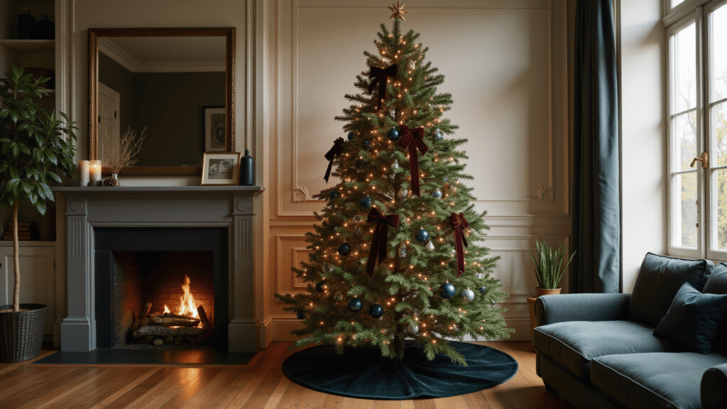 Moody Christmas Tree: Creating a Dark, Dramatic Holiday Masterpiece Cinematic wide shot of a dark emerald Christmas tree with vintage mercury glass ornaments and rich burgundy ribbons, set against cream walls and mid-century modern furniture, illuminated by golden hour light.