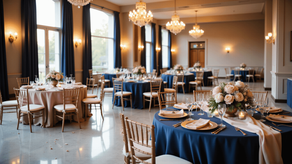 Navy Blue and Dusty Rose Wedding: A Timeless Love Story in Color A wide-angle view of an elegant wedding reception in a ballroom, featuring navy blue tablecloths with dusty rose napkins, floral centerpieces in gold vessels, rose gold charger plates, and crystal chandeliers illuminating a candlelit atmosphere with rose petals on polished marble floors.