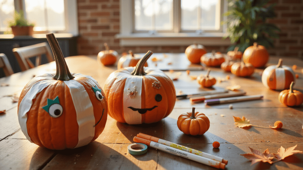 No-Carve Pumpkin Decorating: Unleash Your Creative Halloween Magic Cinematic close-up of a rustic farmhouse table with no-carve decorated pumpkins, featuring masking tape, googly eyes, paint markers, and sequins, illuminated by warm golden hour light with scattered craft supplies around.