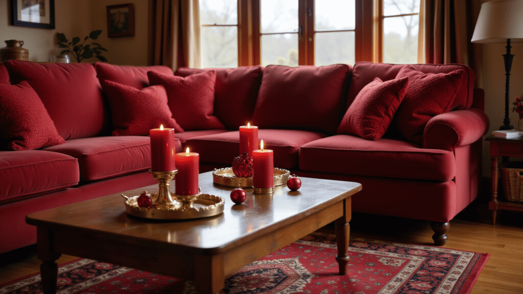 Red Christmas Decor: Transform Your Home into a Festive Wonderland Luxurious living room decorated for Christmas with a burgundy velvet sectional sofa, red throw pillows, mahogany coffee table with flickering candles, ruby Christmas ornaments, and a deep crimson Persian rug, illuminated by warm afternoon light.