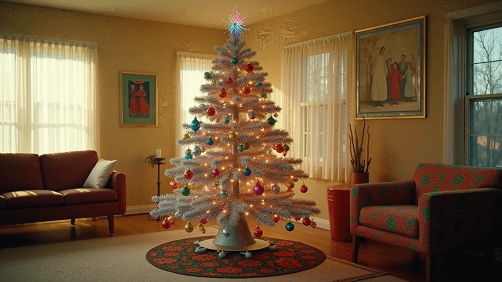 Retro Christmas Tree: A Nostalgic Holiday Decor Guide A nostalgic silver aluminum Christmas tree adorned with colorful Shiny Brite ornaments and tinsel, illuminated by a rotating color wheel, in a cozy family den with warm bokeh effects and vintage decor.