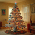 A nostalgic silver aluminum Christmas tree adorned with colorful Shiny Brite ornaments and tinsel, illuminated by a rotating color wheel, in a cozy family den with warm bokeh effects and vintage decor.
