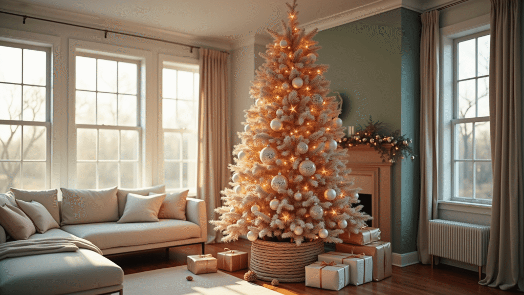 Rose Gold Christmas Tree: The Ultimate Guide to Glamorous Holiday Decor A stunning 7.5ft rose gold Christmas tree adorned with metallic baubles and blush pink ornaments in a modern living room with cream furnishings and warm hardwood floors, illuminated by golden hour lighting.