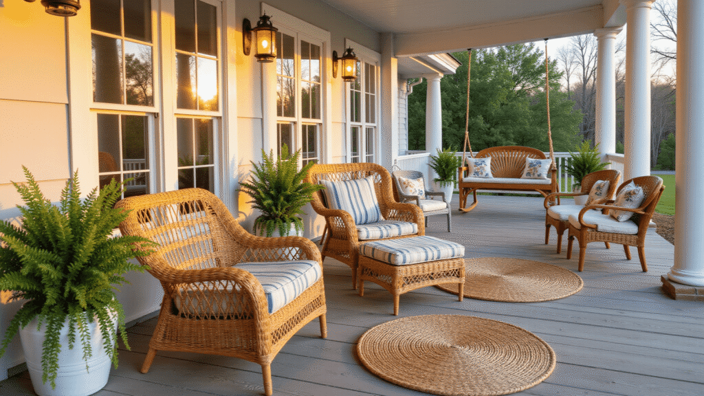 Perfect Porch Furniture Styles: Your Ultimate Design Guide A cinematic wide-angle shot of a welcoming Southern colonial porch at golden hour, featuring wicker seating, Adirondack chairs, a wooden swing with floral pillows, and vintage rocking chairs, all under warm amber light with lush greenery and cozy decor.