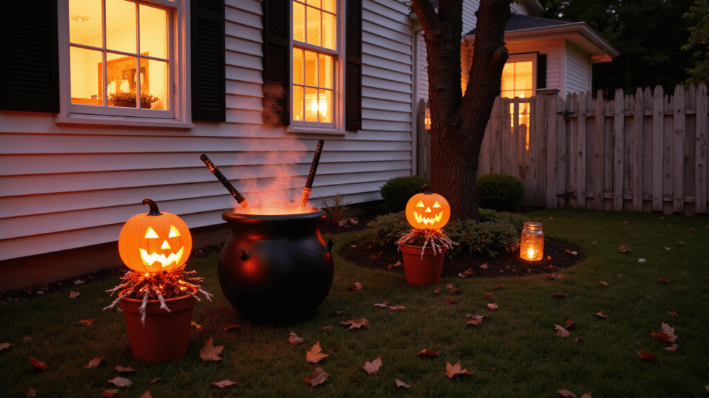 Spine-Chilling DIY Outdoor Halloween Decorations: Transform Your Yard into a Haunting Spectacle Haunted front yard scene at twilight featuring glowing jack-o'-lanterns, a bubbling cauldron with mist, ghostly silhouettes, witch legs in planters, hanging skeleton bottle lanterns, and autumn leaves on dark grass, all under a dramatic orange-purple sky.