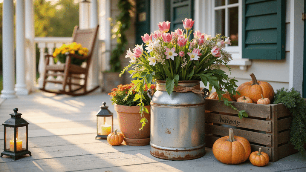 Vintage MilkCan Decor: Transform Your Front Porch with Rustic Charm Cinematic wide-angle view of a rustic farmhouse front porch featuring a weathered vintage milk can overflowing with seasonal flowers, surrounded by terracotta pots and pumpkins, under warm golden hour lighting.